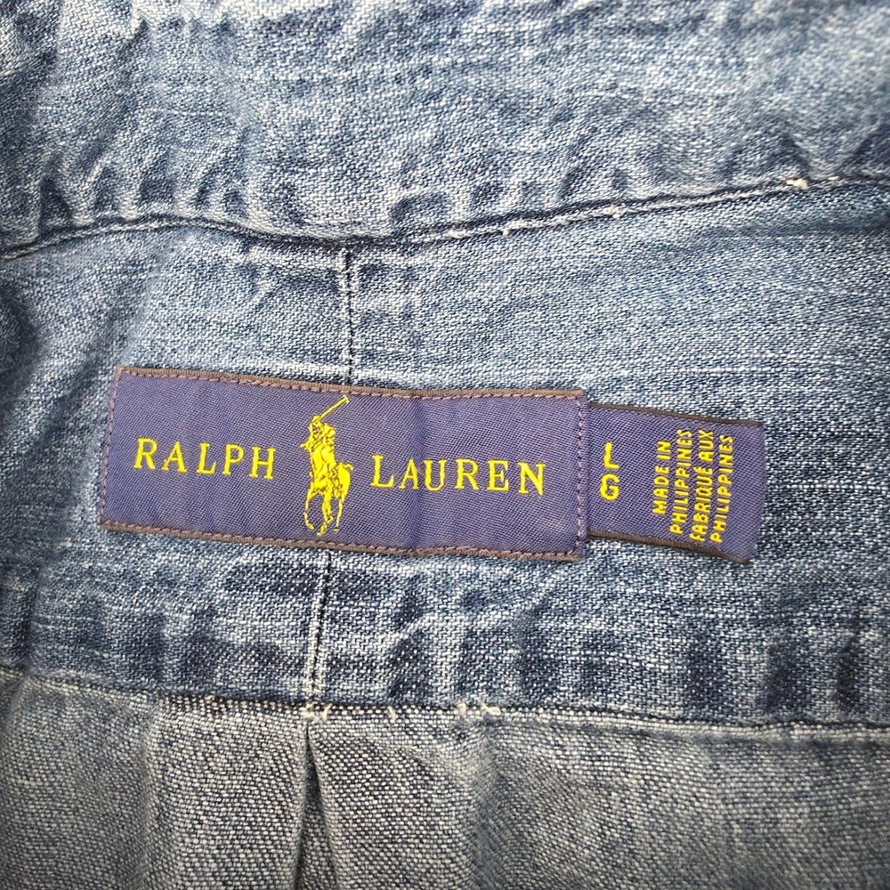 Ralph Lauren Mens Denim Button Down Shirt Blue Long Sleeve Pony Logo Large L - Picture 4 of 12